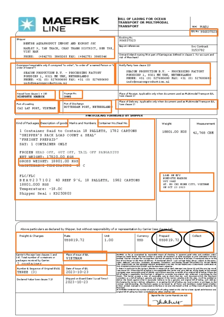 Instructions on how to read the contents of a bill of lading
