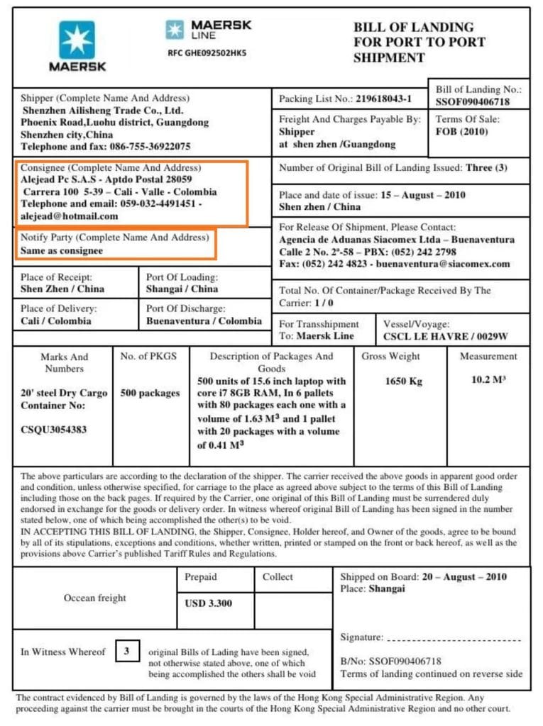 Straight Bill of Lading sample
