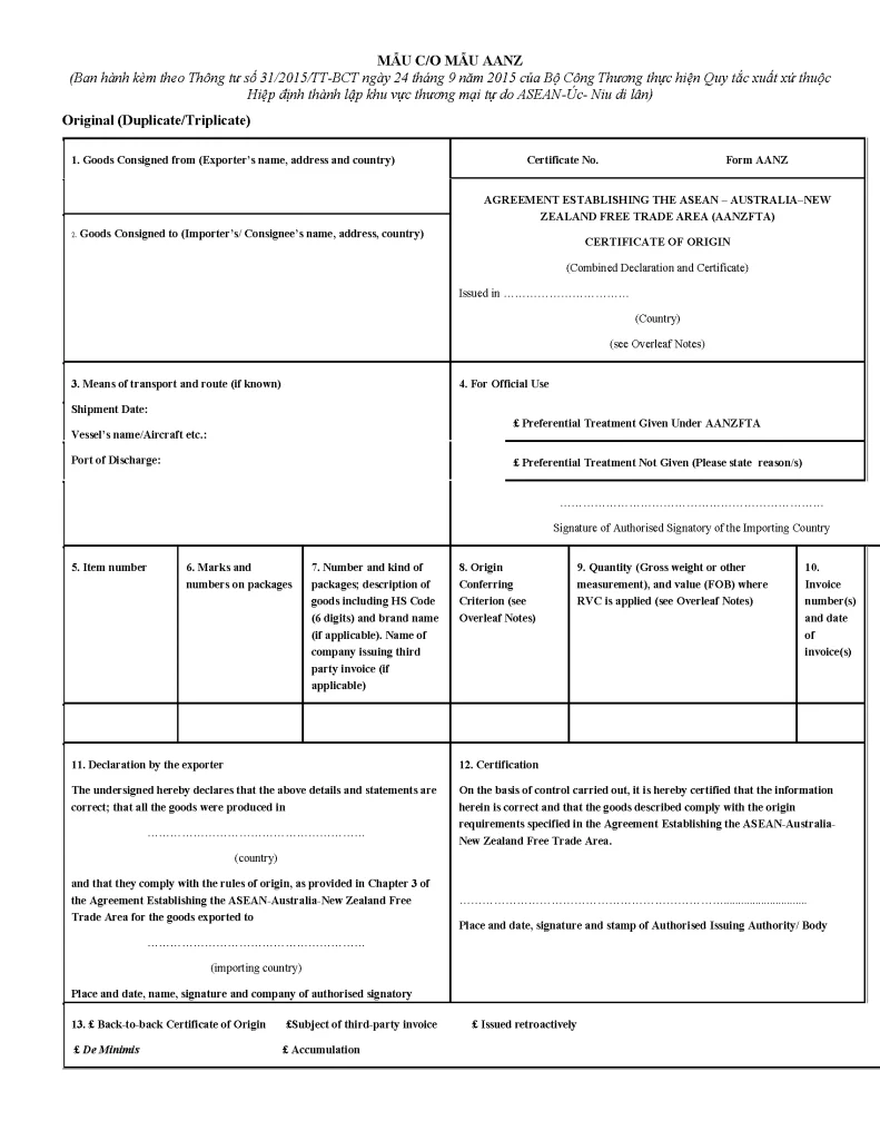 C/O Form AANZ Template