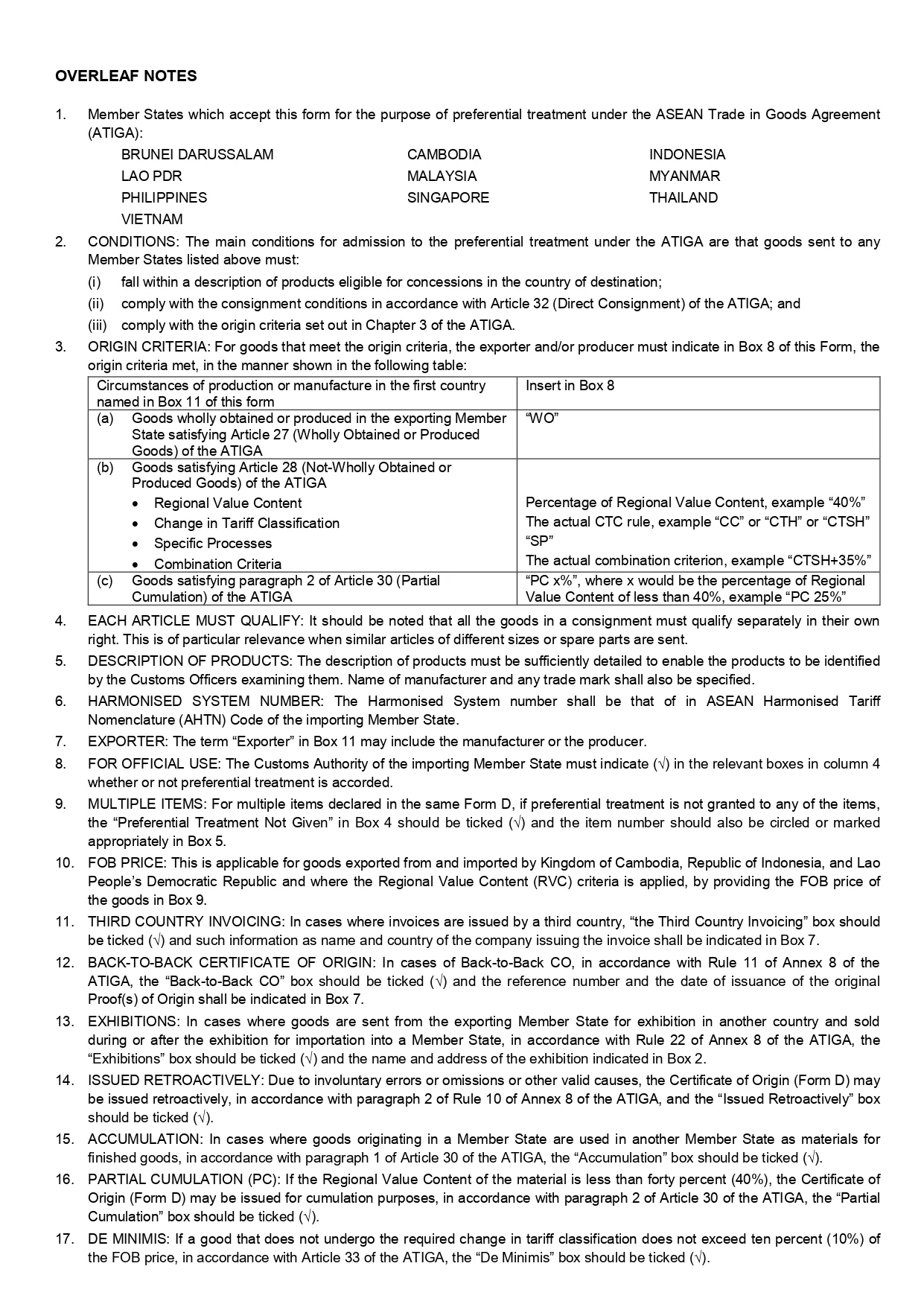 Phụ Lục 2 mẫu C/O Form D trang 2