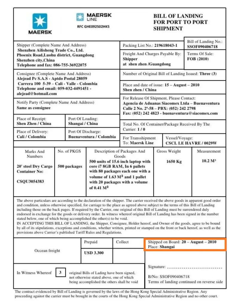 On Board Bill of Lading
