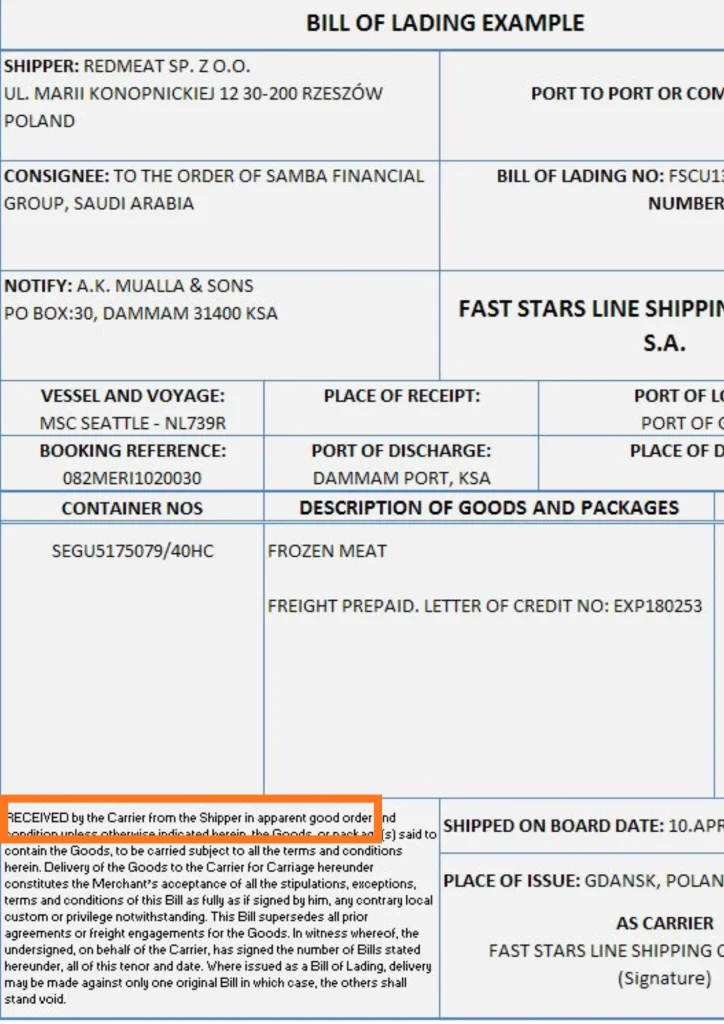 Received for Shipment Bill of Lading