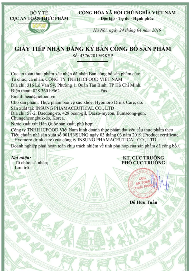 giấy công bố sản phẩm cho thủ tục nhập khẩu thực phẩm chức năng