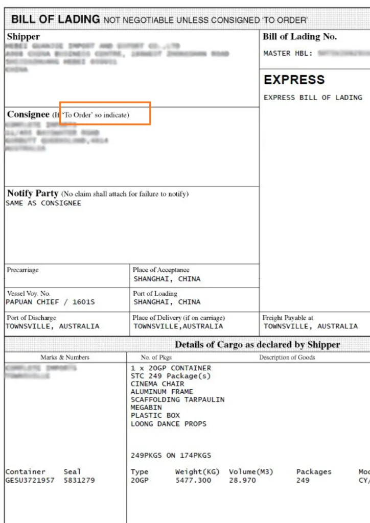 to order bill of lading