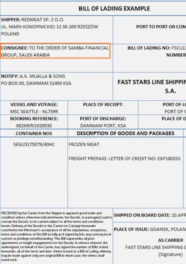 to order of bank bill of lading