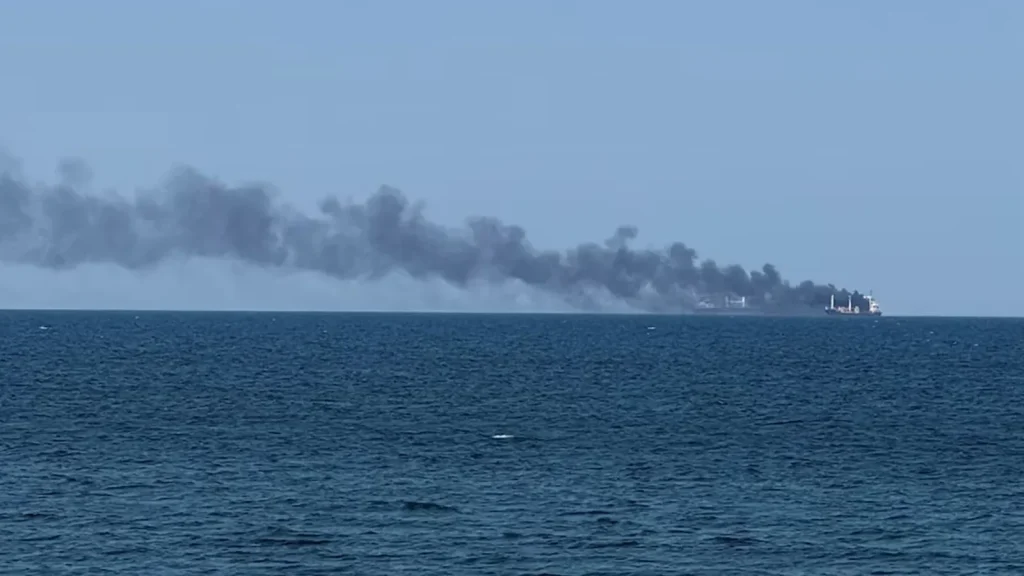 The Golden Leo cargo ship burns in the Black Sea after reportedly being struck by cruise missiles. (Photo: Ukrainian Rescue Forces)